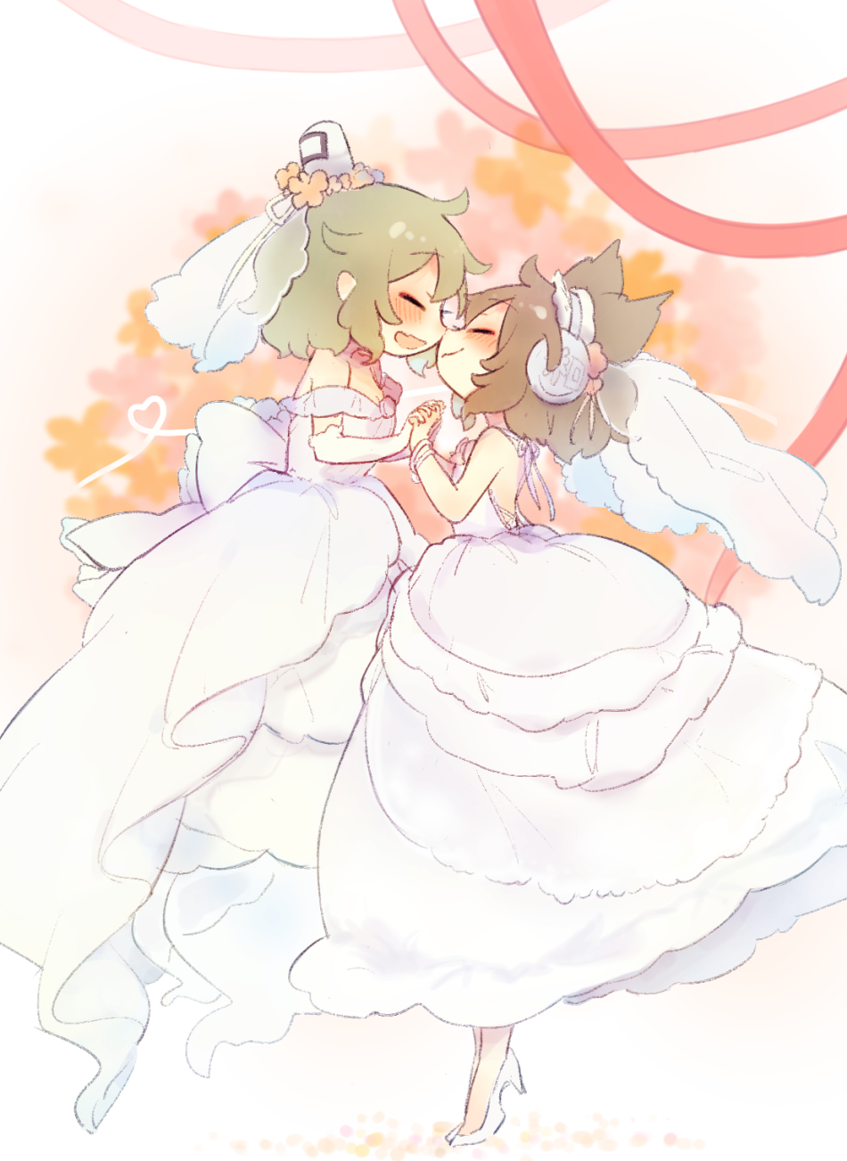 2girls, adapted_costume, ashiyu_(ashu-ashu), banner, blush, bracelet, bridal_veil, brown_hair