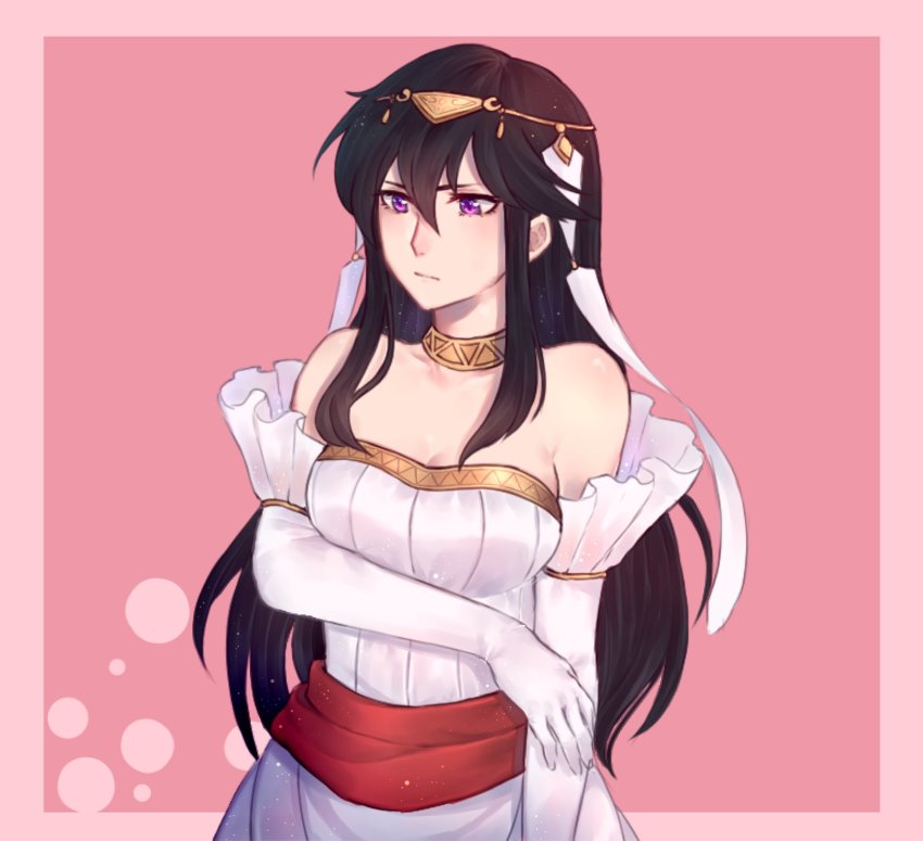 1girl, ayra_(fire_emblem), bare_shoulders, black_hair, breasts, bride, choker, commentary_request, cosplay, detached_sleeves, dress, female_focus, fire_emblem, fire_emblem:_genealogy_of_the_holy_war, fire_emblem:_the_blazing_blade, fire_emblem_heroes, highres, kowarisan, long_hair, medium_breasts, ninian_(bright-eyed_bride)_(fire_emblem), ninian_(cosplay), ninian_(fire_emblem), nintendo, pink_background, purple_eyes, simple_background, solo, strapless, strapless_dress, upper_body, wedding_dress, white_dress