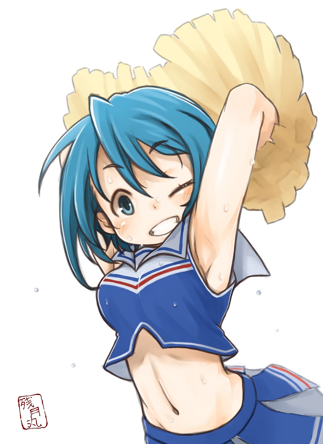 1girl, ;d, armpits, blue_eyes, blue_hair, cheerleader, female_focus, grin