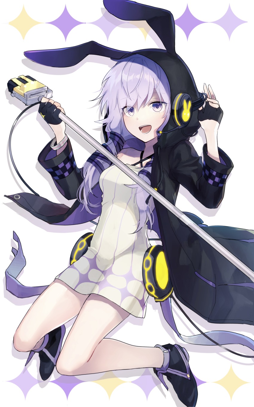 1girl, :d, animal_ears, animal_hood, black_coat, black_footwear, black_gloves, coat