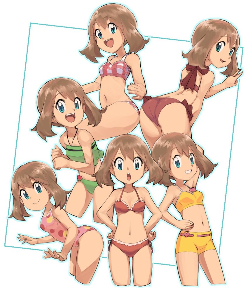 1girl, :d, :o, arm_behind_head, armpits, ass, back, bent_over, bikini, bikini_shorts, blue_eyes, blue_outline, breasts, brown_hair, collarbone, cropped_legs, female_focus, gluteal_fold, green_bikini, hair_between_eyes, halterneck, hand_on_own_hip, hands_on_own_hips, highres, hip_focus, huge_ass, leaning_forward, looking_at_viewer, looking_back, may_(pokemon), medium_breasts, midriff, multiple_views, navel, nintendo, nyonn24, official_alternate_costume, one-piece_swimsuit, open_mouth, outline, pink_one-piece_swimsuit, plaid_bikini, plaid_clothes, pokemon, pokemon:_jirachi:_wish_maker, pokemon:_lucario_and_the_mystery_of_mew, pokemon_(anime), pokemon_ag012, pokemon_ag019, pokemon_ag020, pokemon_ranger_and_the_temple_of_the_sea, pokemon_the_series:_ruby_and_sapphire, polka_dot, polka_dot_swimsuit, red_bikini, round_teeth, short_hair, shorts, small_breasts, smile, stomach, swimsuit, teeth, thighs, upper_teeth_only, v, yellow_bikini