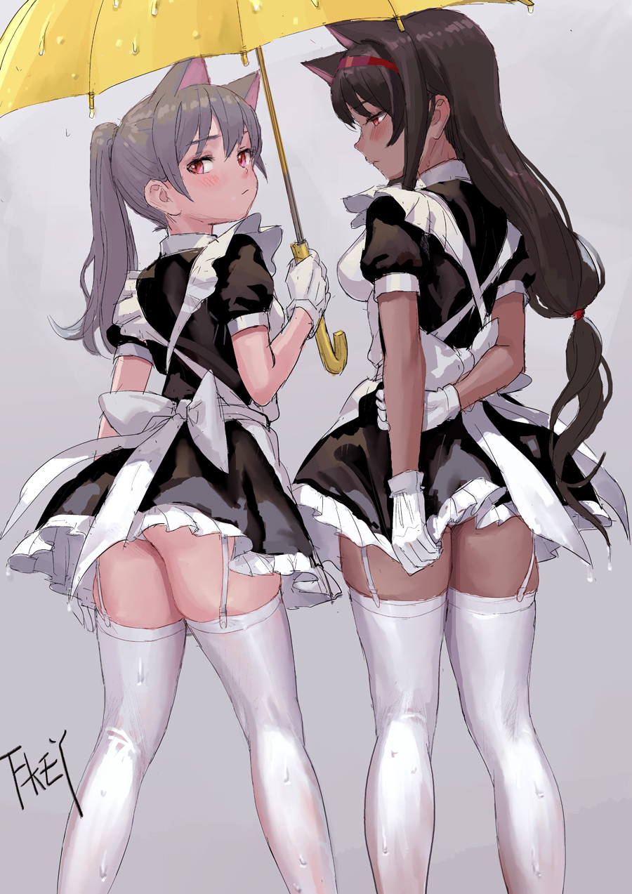 2girls, animal_ears, apron, arms_behind_back, artist_name, ass, black_dress, blush, brown_hair, cat_ears, chinese_commentary, commentary_request, dark-skinned_female, dark_skin, dress, feet_out_of_frame, feiqizi_(fkey), female_focus, fkey, from_behind, garter_straps, gloves, grey_background, hairband, highres, holding, holding_umbrella, long_hair, looking_back, low-tied_long_hair, maid, maid_apron, multiple_girls, original, panties, panty_peek, petticoat, ponytail, profile, puffy_short_sleeves, puffy_sleeves, red_eyes, red_hairband, short_dress, short_sleeves, signature, silver_hair, skindentation, standing, thighhighs, thighs, umbrella, underwear, white_apron, white_gloves, white_panties, yellow_umbrella