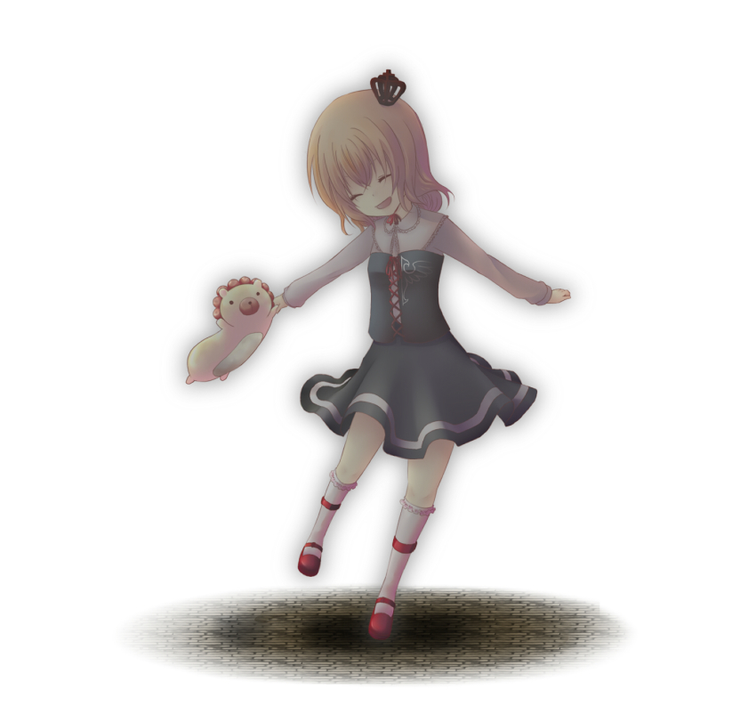 00s, 1girl, aoi_(pixiv335232), child, closed_eyes, crown, dress, female_focus, highres, mary_janes, red_hair, sakutarou_(umineko), shoes, socks, solo, stuffed_animal, stuffed_lion, stuffed_toy, umineko_no_naku_koro_ni, ushiromiya_maria