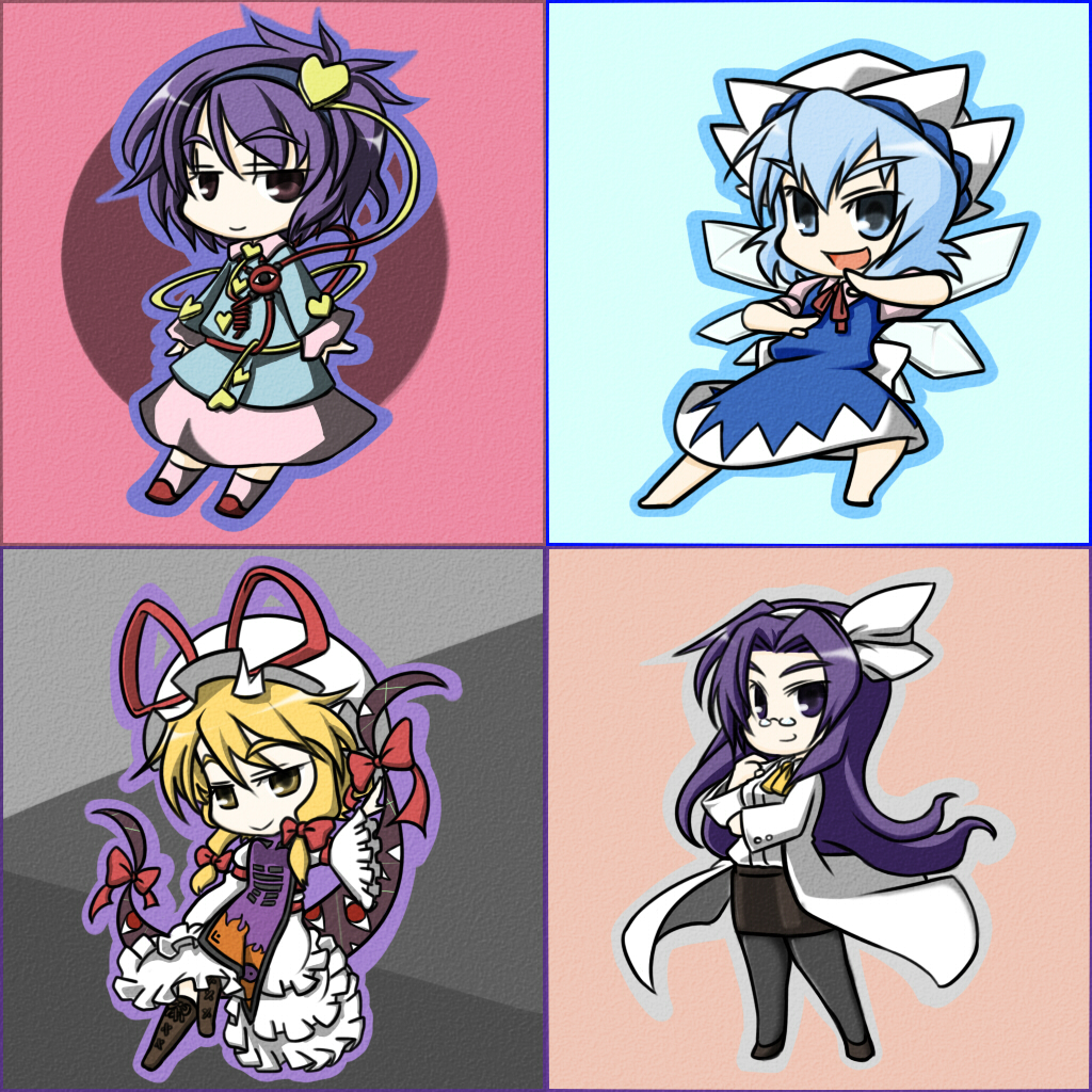 4girls, asakura_rikako, blonde_hair, blue_eyes, blue_hair, cirno, female_focus, gap_(touhou), glasses, hair_ribbon, hat, heart, komeiji_satori, long_hair, multiple_girls, pantyhose, phantasmagoria_of_dim.dream, purple_eyes, purple_hair, ribbon, short_hair, touhou, touhou_(pc-98), wabi_(wbsk), wabi_tsubaki, yakumo_yukari, yellow_eyes