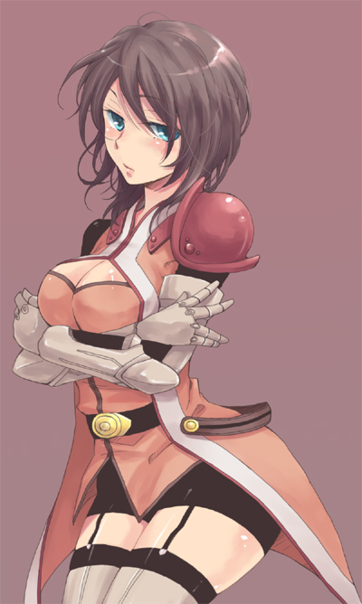 00s, 1girl, alternate_costume, aqua_eyes, bad_id, bad_pixiv_id, breast_hold, breasts, brown_background, brown_hair, crossed_arms, female_focus, gauntlets, genderswap, genderswap_(mtf), large_breasts, okmr, raven_(tales), schwann_oltorain, short_hair, solo, surcoat, tales_of_(series), tales_of_vesperia, thighhighs