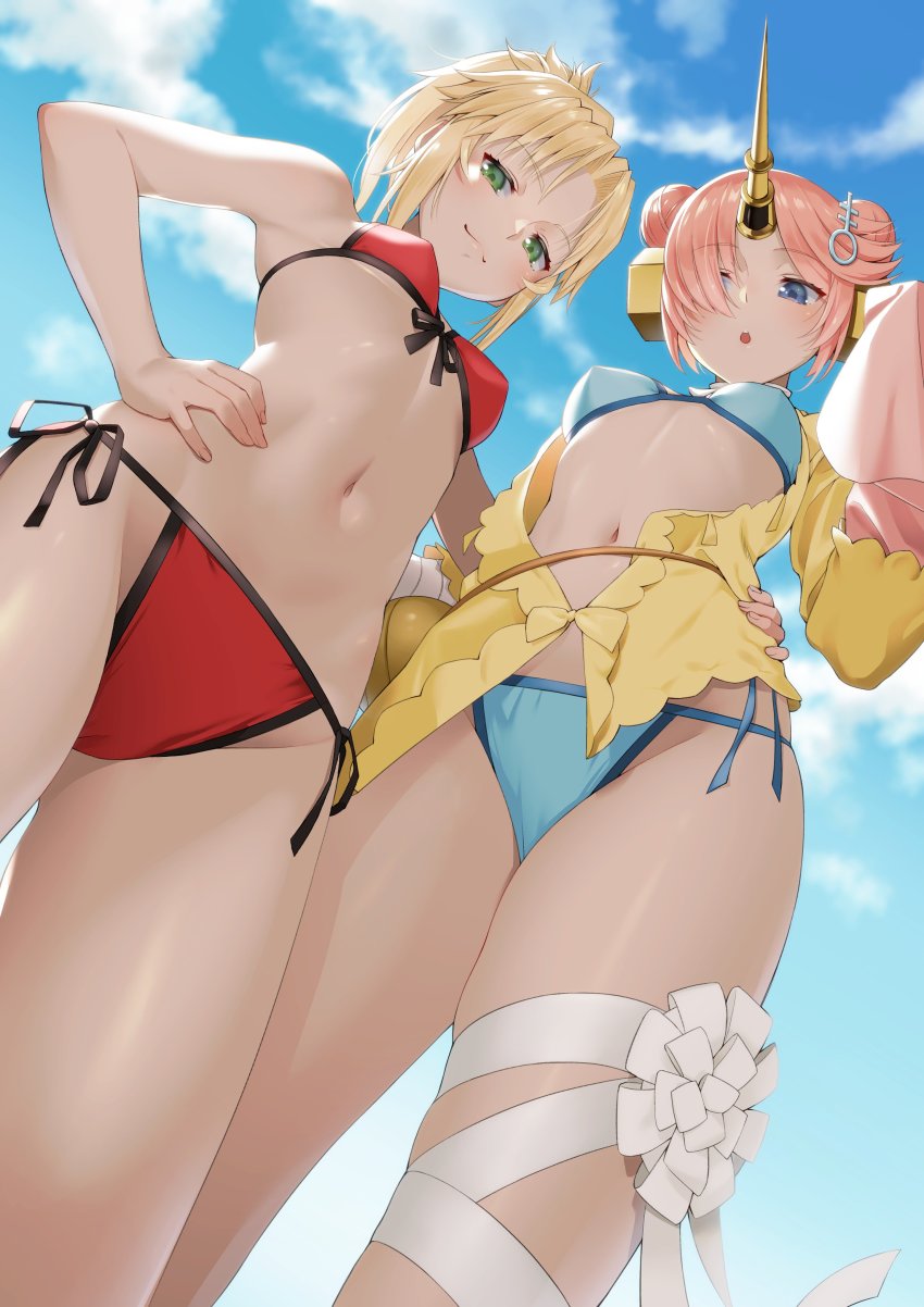 2girls, absurdres, arm_around_another's_waist, bikini, blonde_hair, blue_bikini, blue_eyes, blue_sky