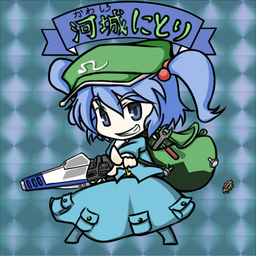 1girl, backpack, bag, blue_eyes, blue_hair, bolt_(hardware), character_name, chibi