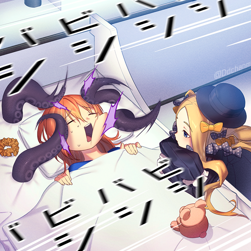 2girls, abigail_williams_(fate), abigail_williams_(first_ascension)_(fate), bad_id, bad_twitter_id, bed, black_hat, blonde_hair, blouse, blue_shirt, bow, dd_(vktr4837), fate/grand_order, fate_(series), from_above, fujimaru_ritsuka_(female), hair_bow, hat, head_rest, motion_lines, multiple_girls, orange_hair, scrunchie, shirt, slapping, sleeping, speed_lines, stuffed_animal, stuffed_toy, teddy_bear, tentacles, twitter_username, under_covers