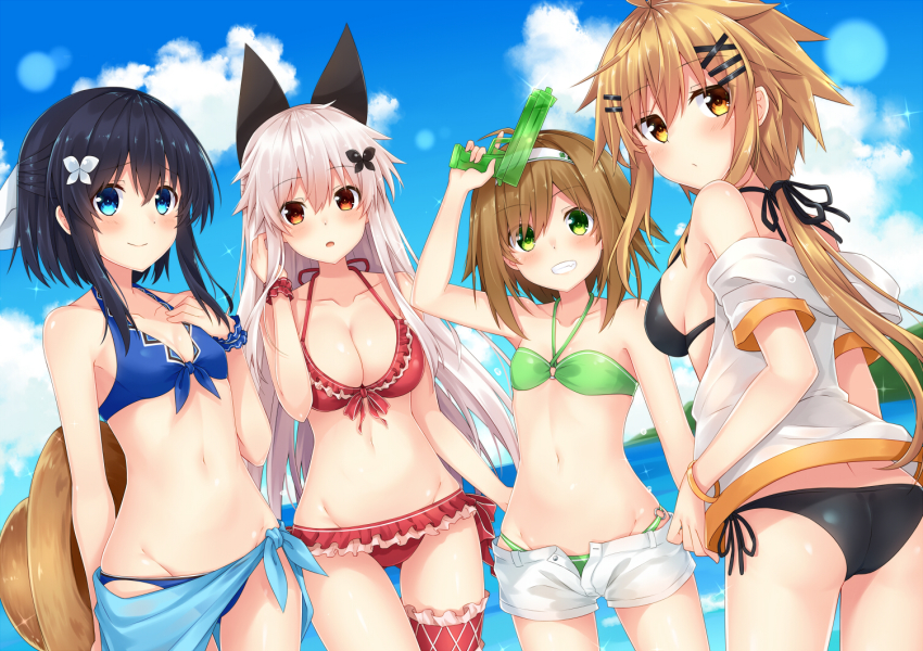 4girls, bikini, bikini_under_clothes, black_bikini, black_hair, blonde_hair, blouse, blue_bikini