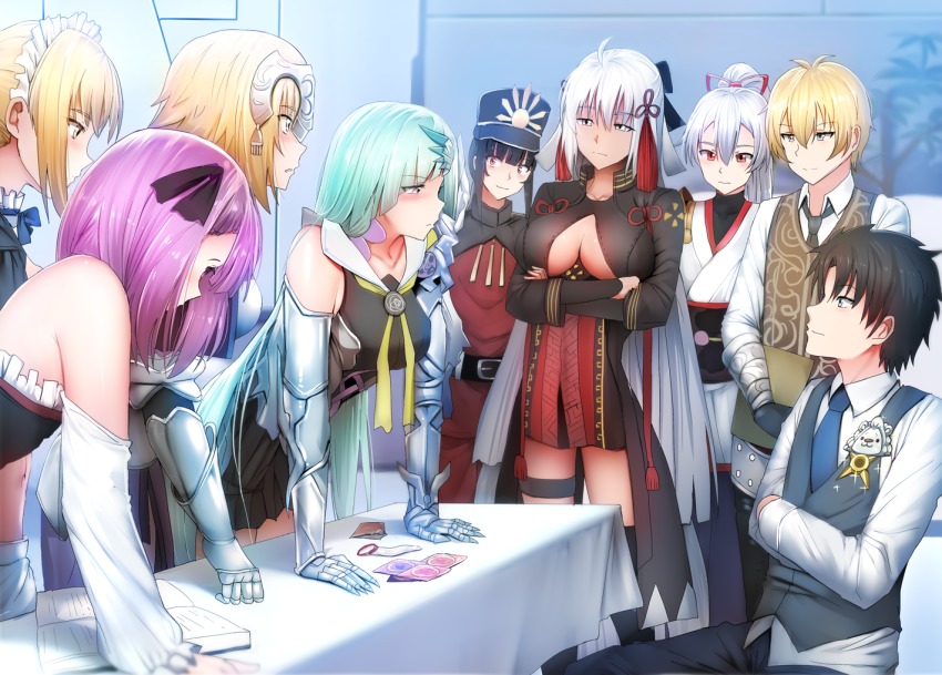3boys, 6+girls, armor, artoria_pendragon_(fate), bare_shoulders, billy_the_kid_(fate), black_hair, blonde_hair, blue_eyes, blunt_bangs, blush, book, breasts, brynhild_(fate), brynhild_(third_ascension)_(fate), condom, condom_wrapper, crossed_arms, detached_sleeves, eye_contact, fate/grand_order, fate_(series), formal_clothes, fujimaru_ritsuka_(male), fujimaru_ritsuka_(male)_(anniversary_blonde), g7_summit, gauntlets, ginhaha, green_hair, hair_between_eyes, hair_ornament, hair_ribbon, hat, headpiece, helena_blavatsky_(fate), jeanne_d'arc_(fate), jeanne_d'arc_(ruler)_(fate), large_breasts, long_hair, looking_at_another, maid_headdress, multiple_boys, multiple_girls, oda_nobukatsu_(fate), official_alternate_costume, okita_souji_(fate), okita_souji_(koha-ace), okita_souji_alter_(fate), okita_souji_alter_(second_ascension)_(fate), parody, ponytail, purple_eyes, purple_hair, red_eyes, ribbon, saber_(fate), saber_alter, saber_alter_(swimsuit_rider)_(second_ascension), short_hair, silver_hair, sitting, suit, table, thomas_edison_(fate), tomoe_gozen_(fate), tomoe_gozen_(first_ascension)_(fate), yellow_eyes