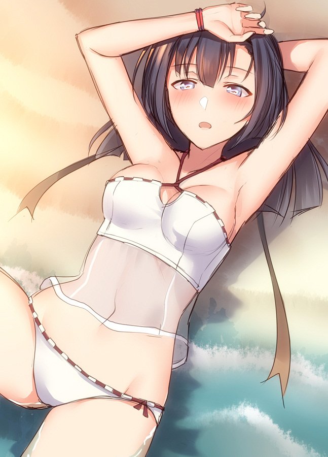 1girl, akizuki_(kancolle), akizuki_(swimsuit)_(kancolle), alternate_costume, arm_behind_head, armpits, arms_up, bad_id