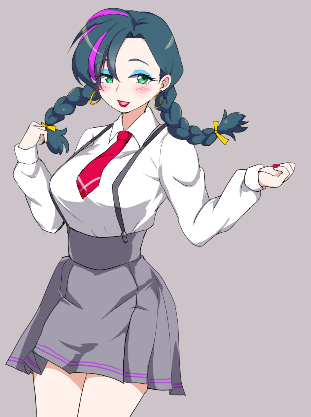 10s, 1girl, blue_hair, blush, braid, breasts, earrings, eyeshadow