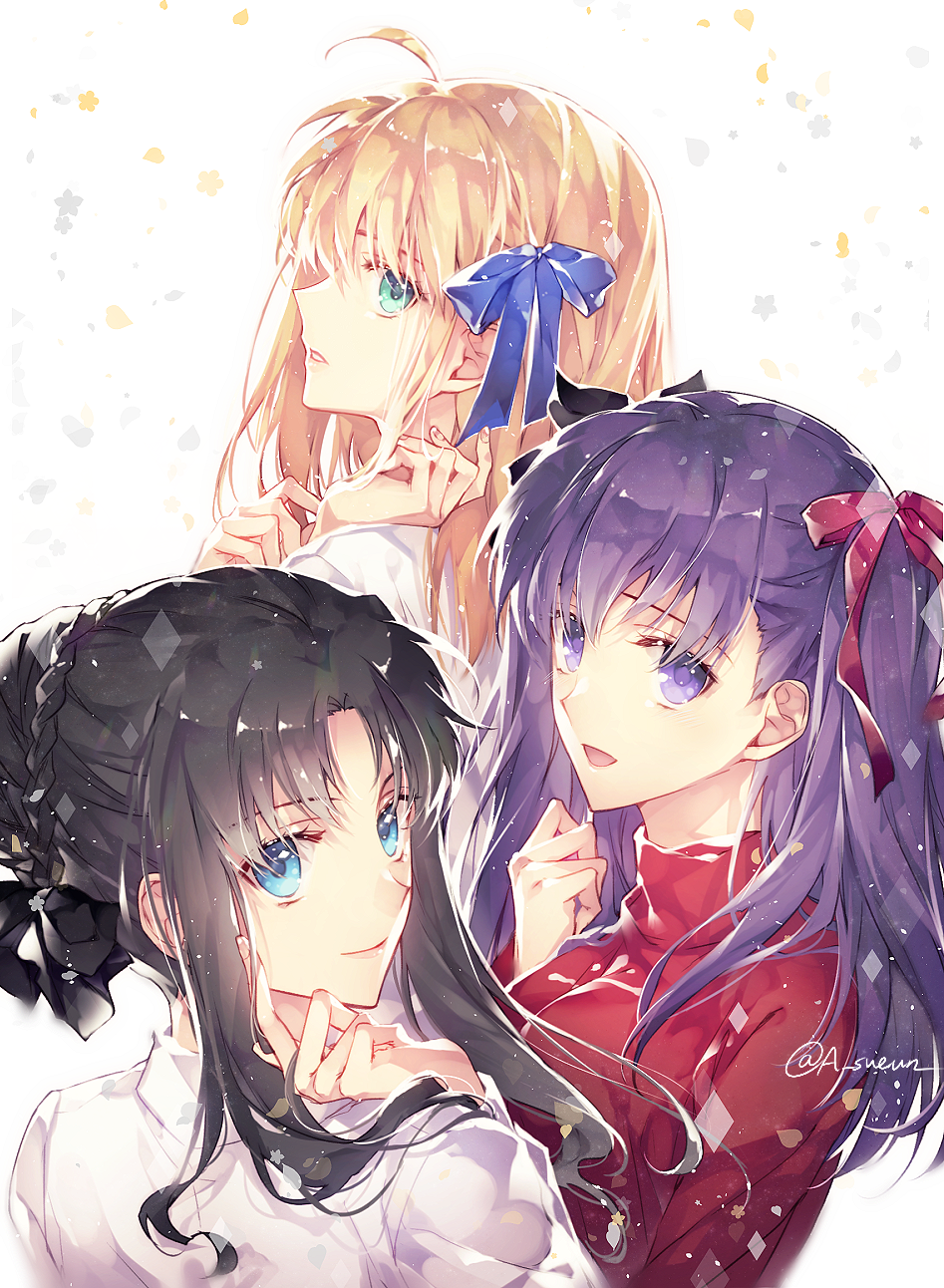 3girls, :d, ahoge, alternate_costume, alternate_hairstyle, artoria_pendragon_(fate), black_hair, black_ribbon