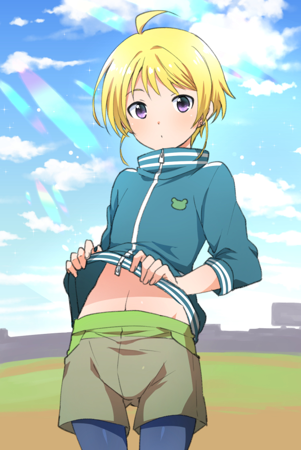 10s, 1boy, blonde_hair, blue_sky, clothes_lift, day, earrings, grass, idolmaster, idolmaster_side-m, jacket, jewelry, lens_flare, looking_at_viewer, male_focus, midriff, navel, pantyhose, pantyhose_under_shorts, pierre_(idolmaster), purple_eyes, shakeko_(shake5), shirt_lift, shorts, sky, solo