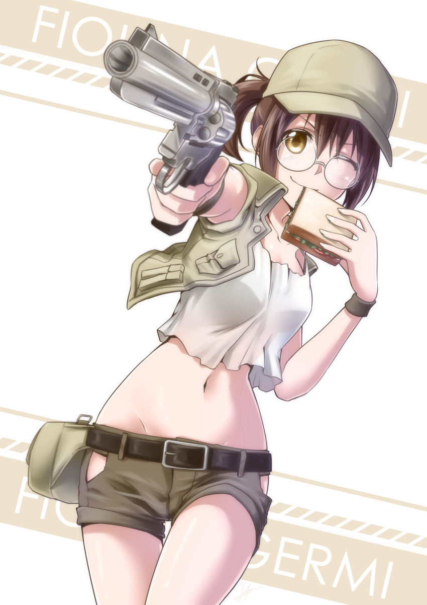 1girl, absurdres, artist_request, baseball_cap, belt, blush, breasts, brown_eyes, brown_hair, character_name, female_focus, fio_germi, food, glasses, gun, handgun, hat, highres, looking_at_viewer, lusan666, medium_breasts, metal_slug, midriff, military, navel, one_eye_closed, ponytail, revolver, round_eyewear, sandwich, short_shorts, shorts, smile, solo, tank_top, vest, weapon