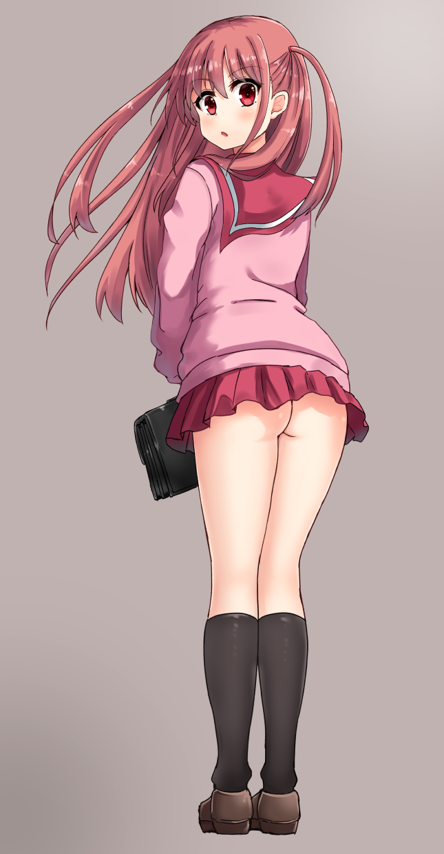 1girl, :o, adamine_middle_school_uniform, ass, atarashi_ako, back, bad_id, bad_pixiv_id, bag, black_socks, blouse, brown_hair, brown_shoes, female_focus, from_behind, full_body, grey_background, hair_tie, highres, hikyakuashibi, holding, kneehighs, loafers, long_hair, long_sleeves, looking_at_viewer, looking_back, microskirt, no_panties, open_mouth, pink_shirt, pleated_skirt, red_eyes, red_skirt, saki, saki_(manga), saki_achiga-hen, school_bag, school_uniform, serafuku, shirt, shoes, skirt, socks, solo, standing, two_side_up, wind