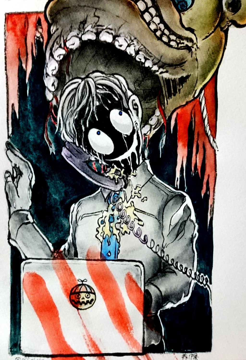 1boy, bad_id, bad_pixiv_id, balloon_boy_(fnaf), blue_neckwear, computer, corded_phone, five_nights_at_freddy's