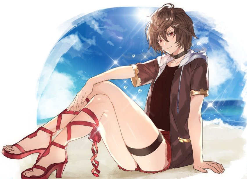 1boy, alternate_costume, arm_support, bad_id, bad_twitter_id, beach, brown_hair, closed_mouth