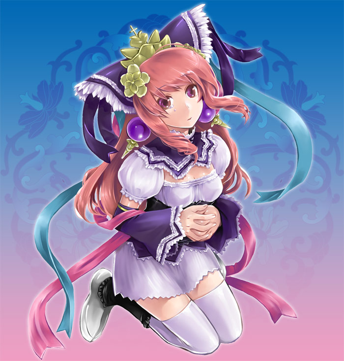 bad_id, bad_pixiv_id, detached_sleeves, hair_ornament, kneeling, long_hair, pink_hair, purple_eyes