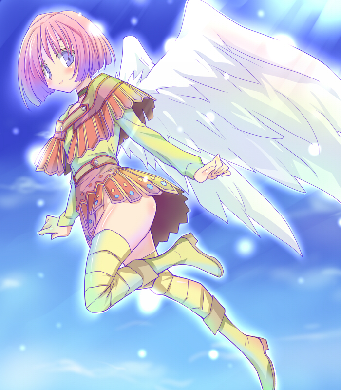 1girl, angel, angel_wings, bad_id, bad_pixiv_id, blue_eyes, blush, boots, dragon_quest, dragon_quest_ix, eeeeee, female_focus, flying, heroine_(dq9), level-5, no_panties, pink_hair, pteruges, short_hair, smile, solo, thigh_boots, thighhighs, wings