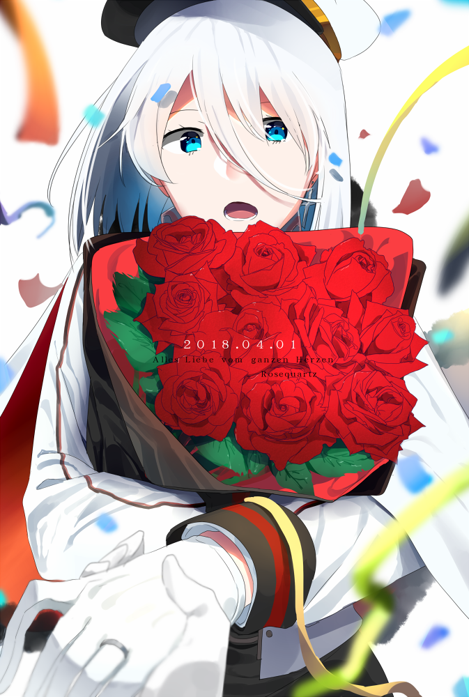 1girl, aqua_eyes, azur_lane, blue_eyes, bouquet, cape, confetti, cross