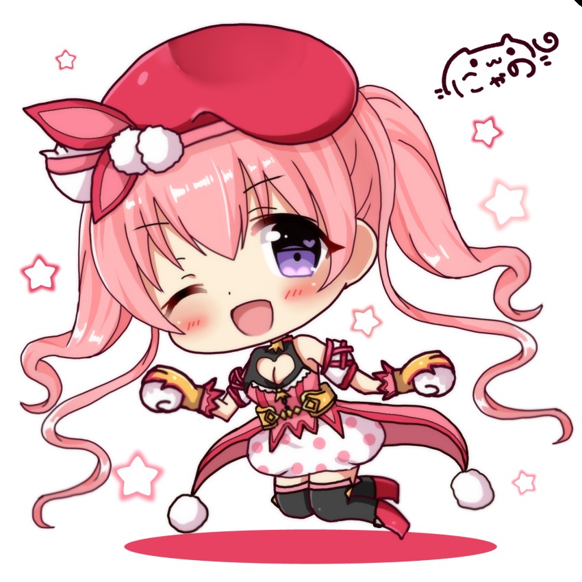 1girl, ;d, bare_shoulders, beret, black_thighhighs, blush, boots, bubble_skirt, character_request, chibi, commentary_request, female_focus, hair_between_eyes, hair_ribbon, hat, heart, heart_in_eye, highres, holding, long_hair, looking_at_viewer, mittens, nyano21, one_eye_closed, open_mouth, pink_hair, pink_ribbon, pink_shirt, polka_dot, polka_dot_skirt, pom_pom_(clothes), princess_connect!, purple_eyes, red_boots, red_hat, ribbon, shirt, signature, skirt, sleeveless, sleeveless_shirt, smile, solo, star_(symbol), symbol_in_eye, thighhighs, thighhighs_under_boots, tsumugi_(princess_connect!), twintails, very_long_hair, white_background, white_mittens, white_skirt
