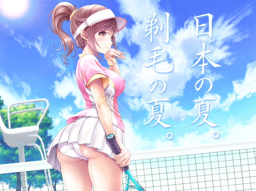 1girl, ass, brown_eyes, brown_hair, check_translation, closed_mouth, cloud, cloudy_sky, crotch_seam, day, female_focus, from_behind, hanazono_aoi, hat, highres, holding, lace, lace-trimmed_panties, lace_trim, looking_at_viewer, looking_back, medium_hair, miniskirt, original, outdoors, panties, pantyshot, pink_shirt, pleated_skirt, ponytail, racket, scrunchie, shirt, short_ponytail, skirt, sky, smile, solo, sportswear, sweat, tennis, tennis_net, tennis_racket, tennis_uniform, translation_request, tree, underwear, v-mag, visor_cap, white_hat, white_skirt, wristband, yellow_scrunchie