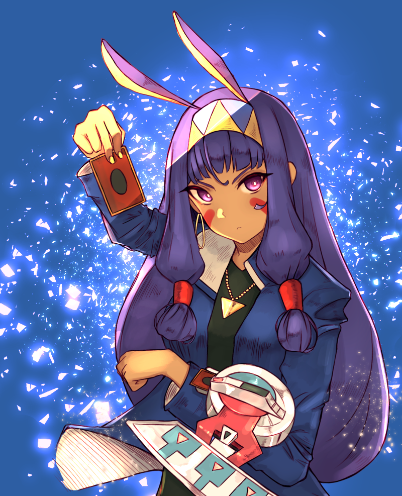 1girl, animal_ears, card, closed_mouth, commentary_request, cosplay, dark-skinned_female, dark_skin