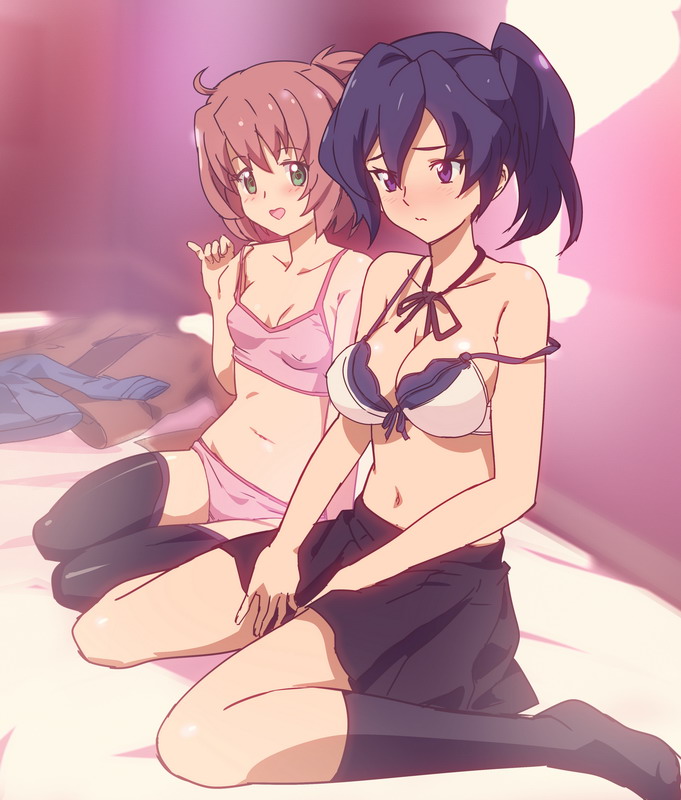 10s, 2girls, ahoge, bad_id, bad_pixiv_id, bed, black_hair, black_socks