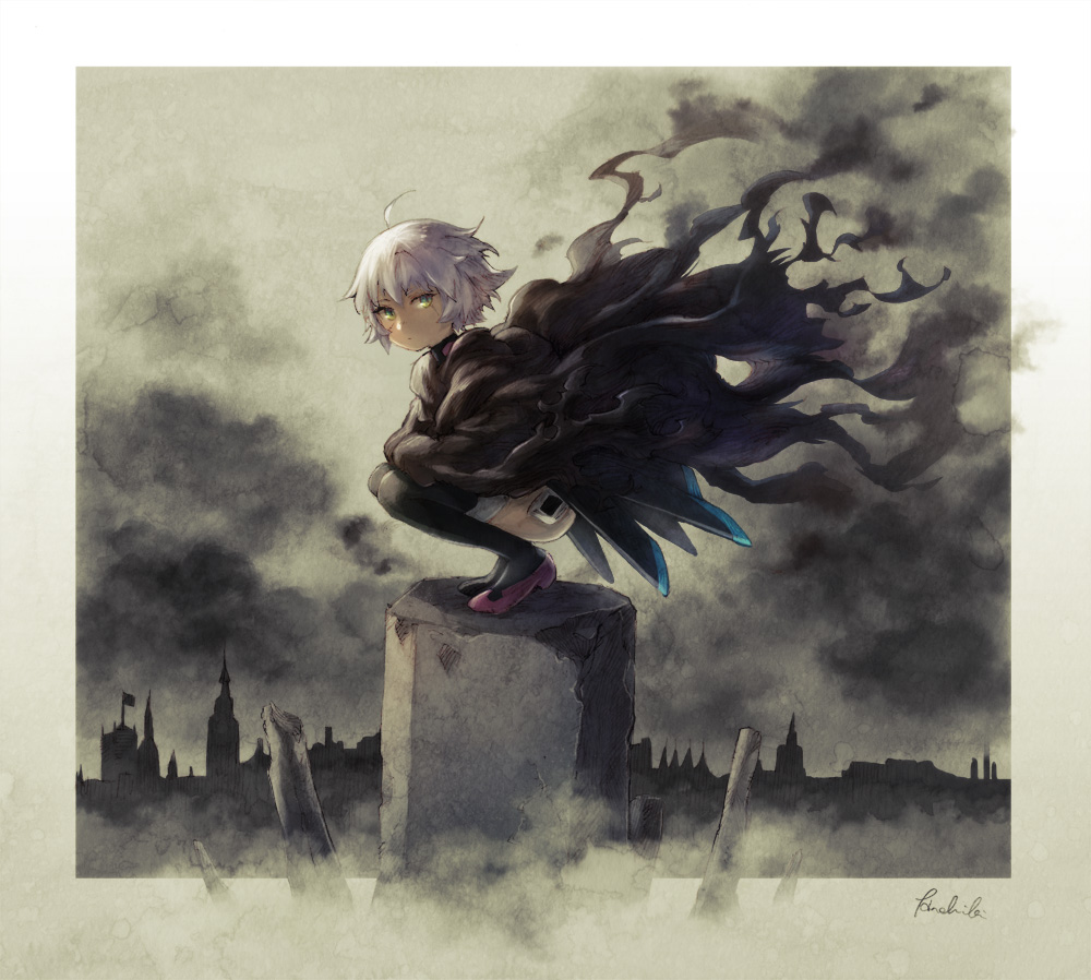 1girl, ahoge, black_boots, black_cloak, boots, border, building, cloak