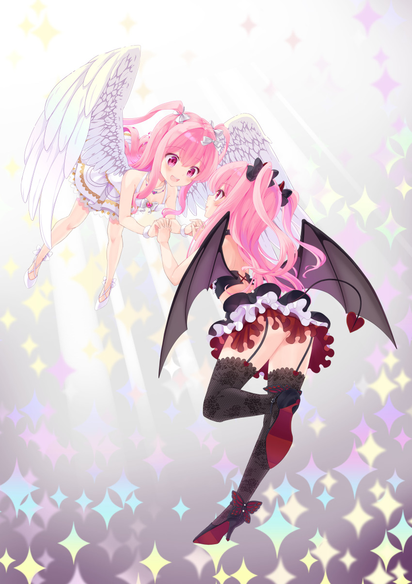 2girls, absurdres, angel_wings, ass, bat_wings, black_legwear, bow, breasts