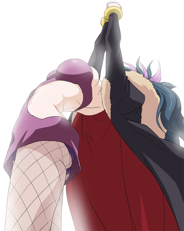 10s, 1girl, arched_back, arms_up, black_cape, blue_hair, breasts, cape