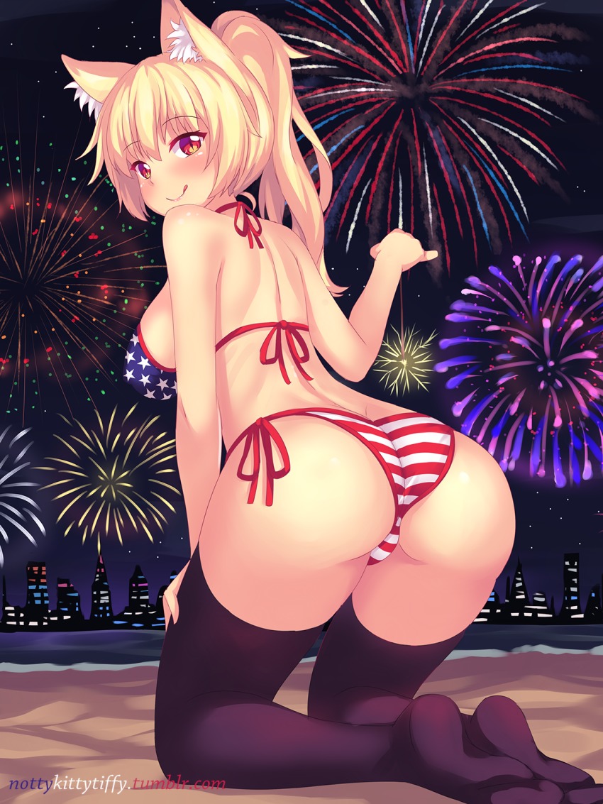1girl, :q, american_flag, american_flag_bikini, american_flag_print, animal_ear_fluff, animal_ears, artist_self-insert