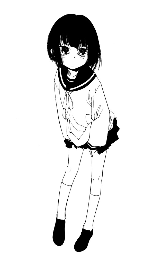 1girl, black_eyes, black_hair, expressionless, female_focus, flat_chest, greyscale, hime_cut