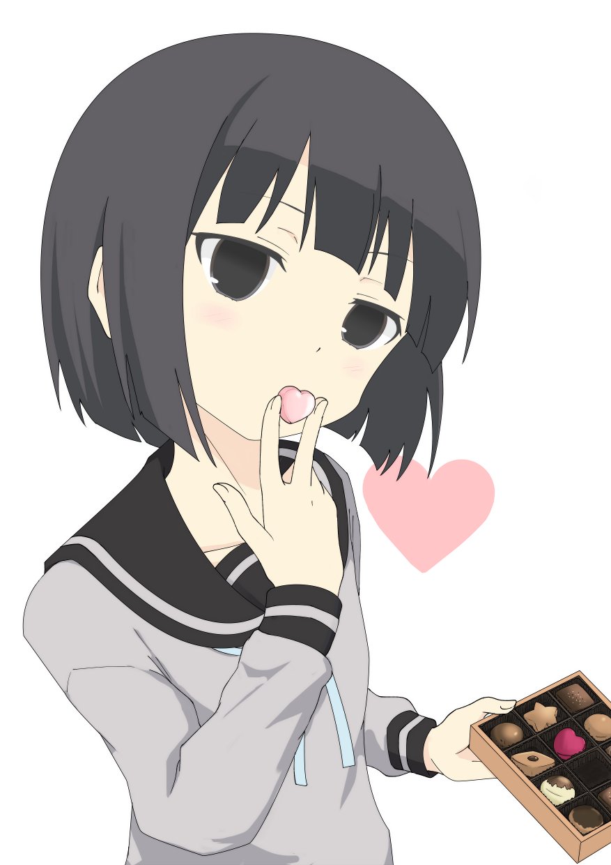 1girl, black_eyes, black_hair, blush, chocolate, expressionless, female_focus, gobanme_no_mayoi_neko, heart, highres, hime_cut, looking_at_viewer, school_uniform, short_hair, solo, star_(symbol), tanaka-kun_wa_itsumo_kedaruge, tanaka_rino, white_background