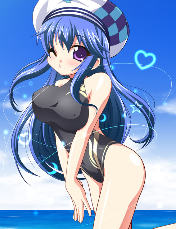 arin_(pangya), beach, blue_hair, chirorian, day, hat, heart, long_hair