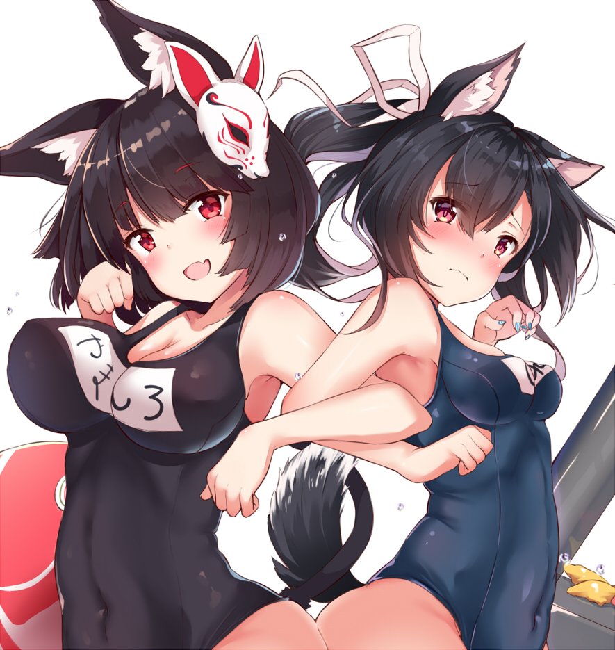 2girls, animal_ear_fluff, animal_ears, azur_lane, black_hair, black_one-piece_swimsuit, blue_one-piece_swimsuit, breasts