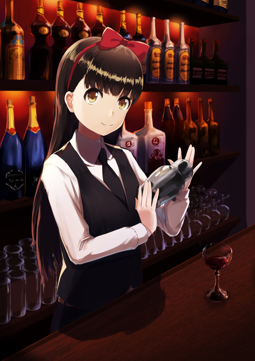 10s, 1girl, absurdres, arms_up, bar_(place), bartender, black_necktie, brown_eyes