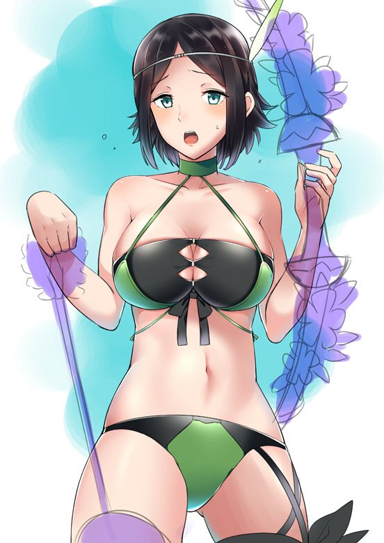 1girl, ameno_(a_meno0), arrow_(projectile), bare_shoulders, bikini, black_hair, blue_eyes, blush