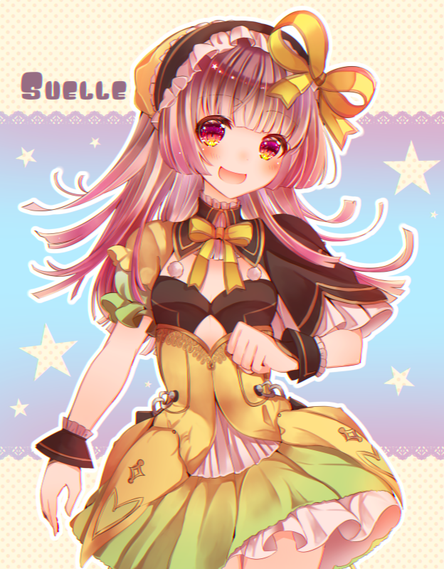 1girl, :d, atelier_(series), atelier_lydie_&amp;_suelle, blush, bow, character_name, clenched_hand