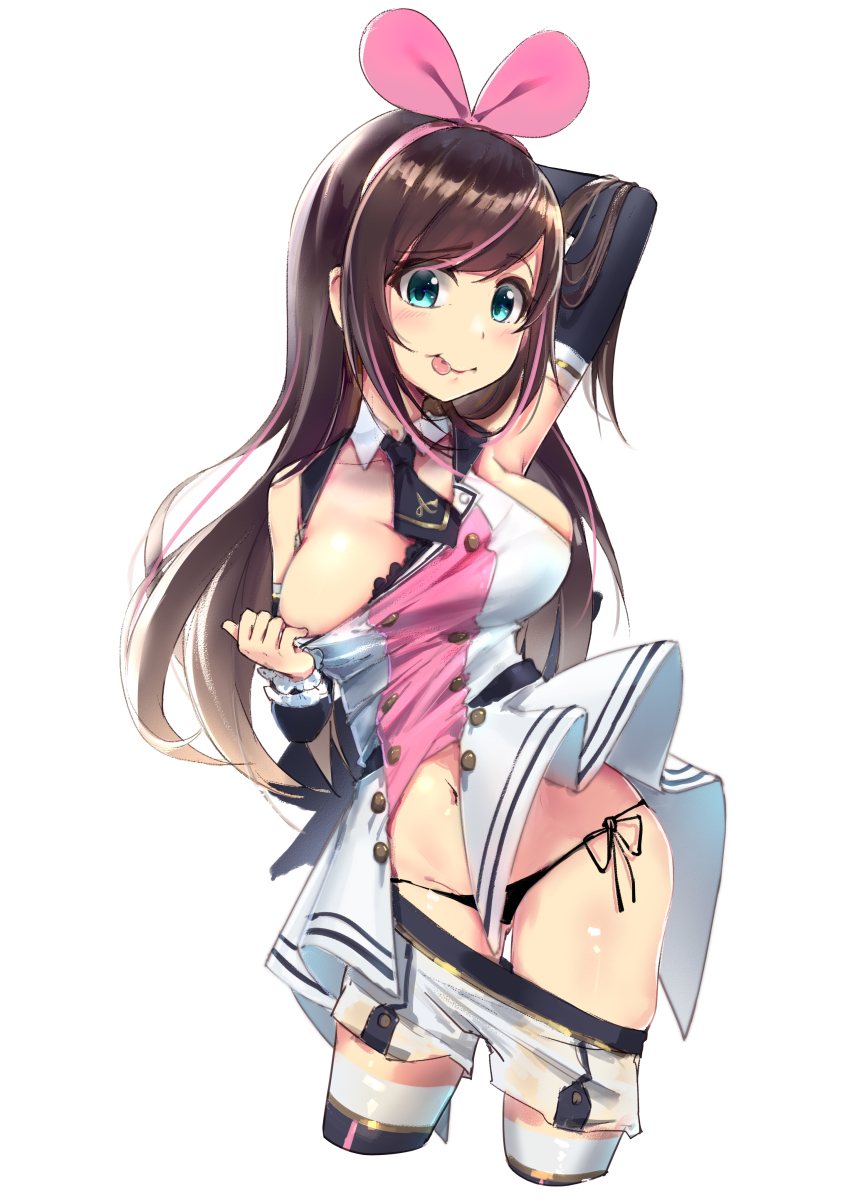 1girl, :p, absurdres, arm_up, black_necktie, black_panties, black_thighhighs, blue_eyes, blush, breasts, brown_hair, cleavage, closed_mouth, clothes_pull, collar, commentary_request, cropped_legs, detached_collar, detached_sleeves, female_focus, groin, hair_between_eyes, highres, kizuna_ai, kizuna_ai_(elegant), kizuna_ai_inc., large_breasts, long_hair, long_sleeves, looking_at_viewer, multicolored_hair, navel, necktie, panties, pink_hair, pulling_own_clothes, shirt, shirt_pull, short_necktie, short_shorts, shorts, shorts_pull, side-tie_panties, simple_background, sleeveless, sleeveless_shirt, smile, solo, streaked_hair, thighhighs, tongue, tongue_out, underwear, very_long_hair, virtual_youtuber, white_background, white_collar, white_shirt, white_shorts, xiaoyu