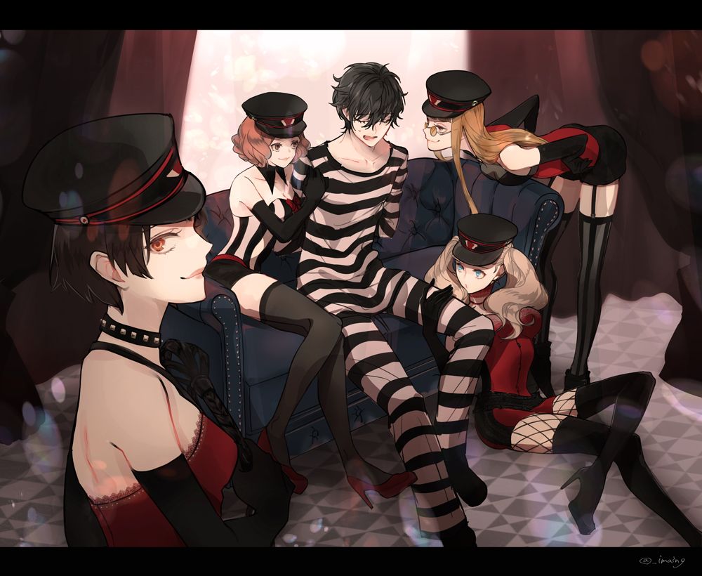 10s, 1boy, 4girls, amamiya_ren, bad_id, bad_pixiv_id, black_gloves, boots, choker, collar, corset, elbow_gloves, fishnet_pantyhose, fishnets, garter_straps, gloves, hat, high_heel_boots, high_heels, letterboxed, long_hair, looking_over_eyewear, looking_over_glasses, multiple_girls, niijima_makoto, okumura_haru, pantyhose, persona, persona_5, persona_5:_dancing_star_night, persona_dancing, prison_clothes, sakura_futaba, shinsuke_(moccori), shirt, short_hair, short_shorts, shorts, sitting, striped_clothes, striped_legwear, striped_shirt, striped_thighhighs, sunglasses, takamaki_anne, thigh_boots, thighhighs, tinted_eyewear, twintails, vertical-striped_clothes, vertical-striped_legwear, vertical-striped_thighhighs