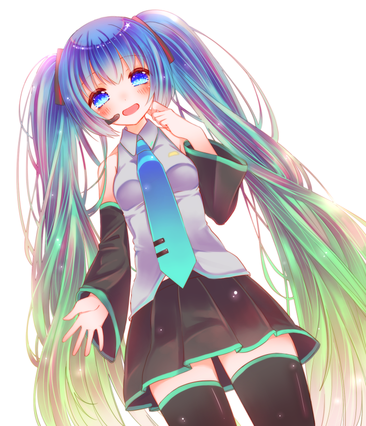 1girl, :d, aqua_hair, aqua_necktie, bare_shoulders, black_skirt, black_thighhighs, blue_eyes