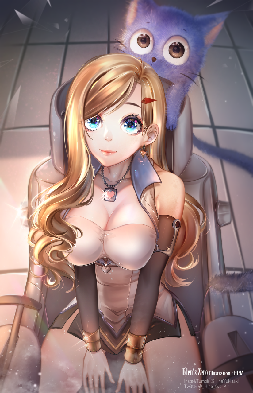 1girl, artist_request, black_skirt, blonde_hair, blue_eyes, breasts, cat, cleavage