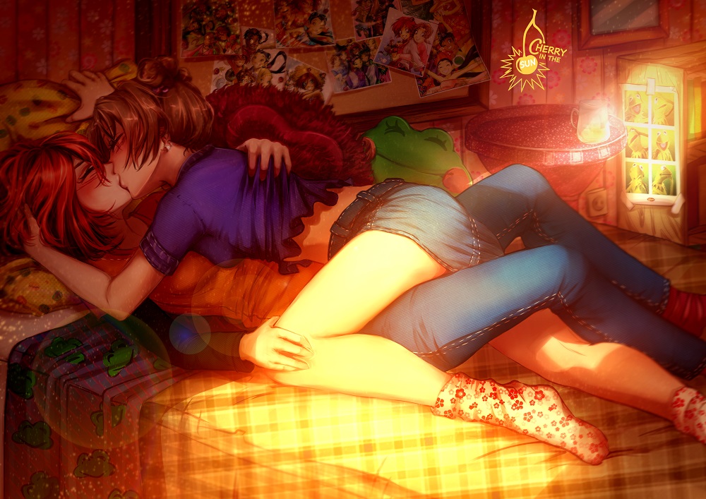 2girls, bed, bedroom, blue_pants, blue_skirt, breast_press, brown_hair, cherry_in_the_sun, closed_eyes, denim, denim_skirt, french_kiss, hand_on_another's_knee, indoors, irma_lair, kiss, lens_flare, miniskirt, multiple_girls, orange_shirt, pants, photo_(object), purple_shirt, red_hair, shirt, short_hair, short_sleeves, skirt, symmetrical_docking, unmoving_pattern, w.i.t.c.h., will_vandom, yuri