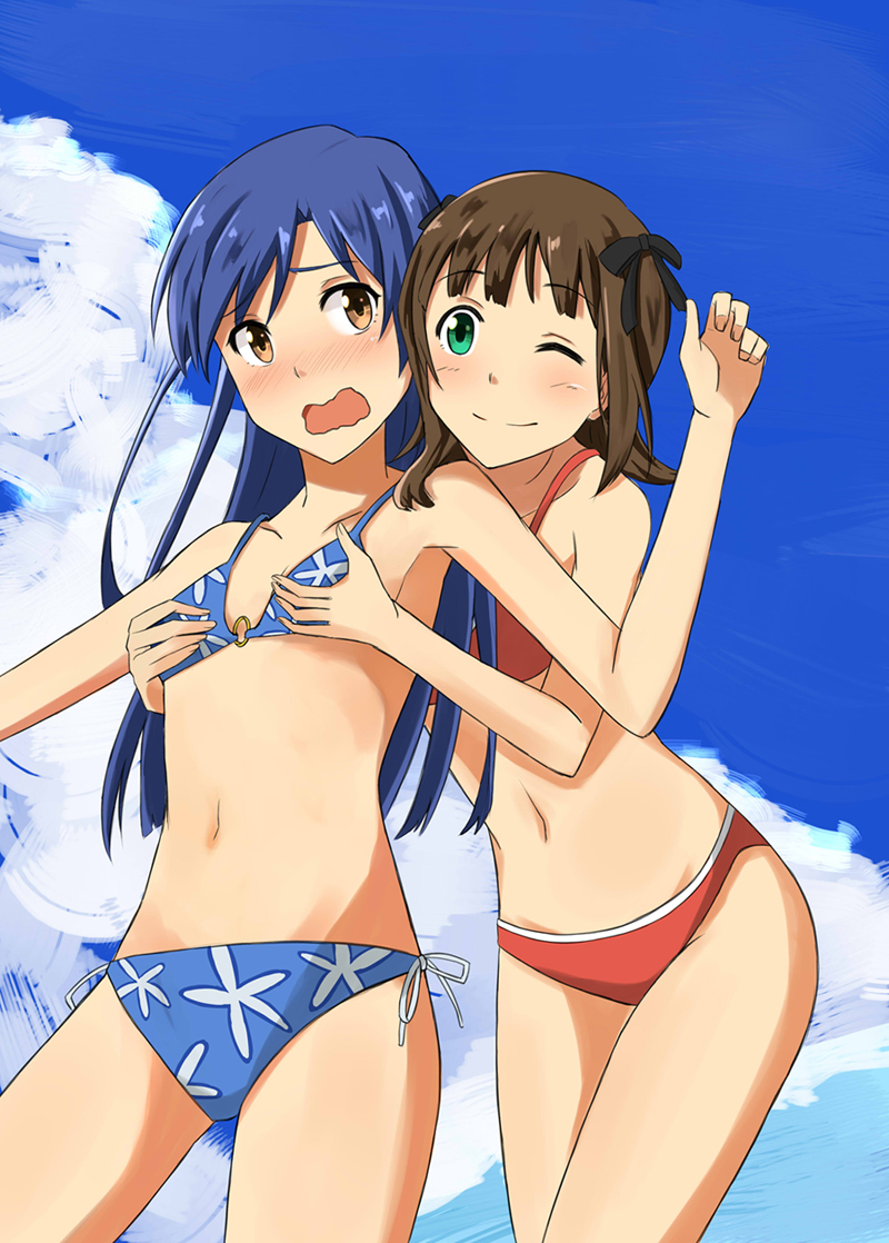 2girls, ;), amami_haruka, bikini, black_ribbon, blue_bikini, blue_hair, blue_sky