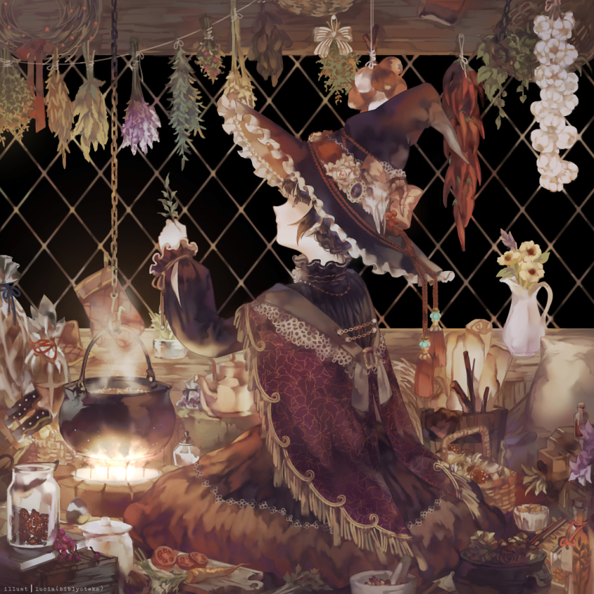 1girl, absurdly_detailed_composition, basket, black_hair, cape, carrot, cauldron, chain, commentary, cooking, female_focus, fire, flower, frills, garlic, hat, herb, herb_bundle, jar, kettle, loaded_interior, lucia_(biblyoteka), mortar_(bowl), original, puffy_sleeves, short_hair, sitting, solo, steam, tomato, witch, witch_hat