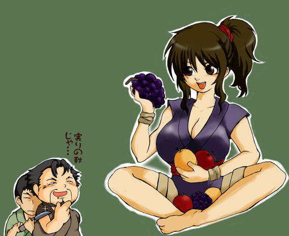 00s, 1girl, 2boys, barefoot, basilisk_(manga), breasts, brown_hair, cleavage, feet, food, fruit, japanese_clothes, kisaragi_saemon, knife, large_breasts, multiple_boys, ninja, okoi, ponytail, saemon_kisaragi, translation_request, udono_jousuke