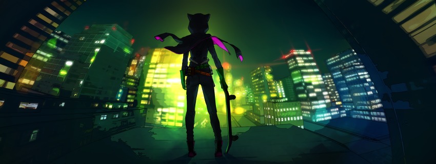 1girl, absurdres, animal_hood, city, facing_away, female_focus, fisheye_placebo, from_behind