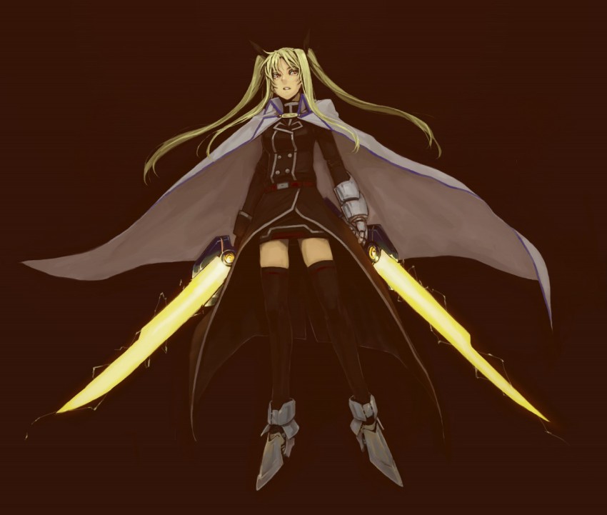 bad_id, bad_pixiv_id, bardiche_(nanoha), bardiche_(riot_zanber_stinger)_(nanoha), blonde_hair, cape, dual_wielding, energy_sword, fate_testarossa, fate_testarossa_(impulse_form), holding, inu_(wankosan), long_hair, lyrical_nanoha, mahou_shoujo_lyrical_nanoha, mahou_shoujo_lyrical_nanoha_a's, mahou_shoujo_lyrical_nanoha_strikers, red_eyes, solo, sword, thighhighs, weapon, zettai_ryouiki